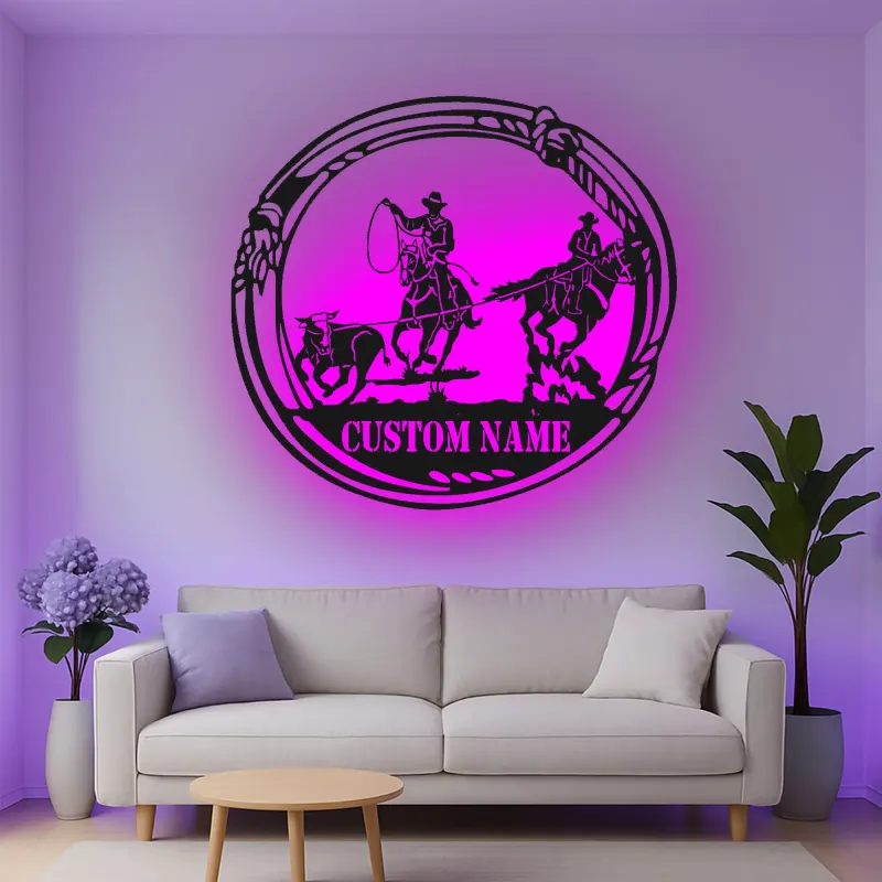 Décoration murale en métal personnalisée Cowboy Rodeo avec rétroéclairage LED - Cadeau western pour les éleveurs - Décor de salon rustique