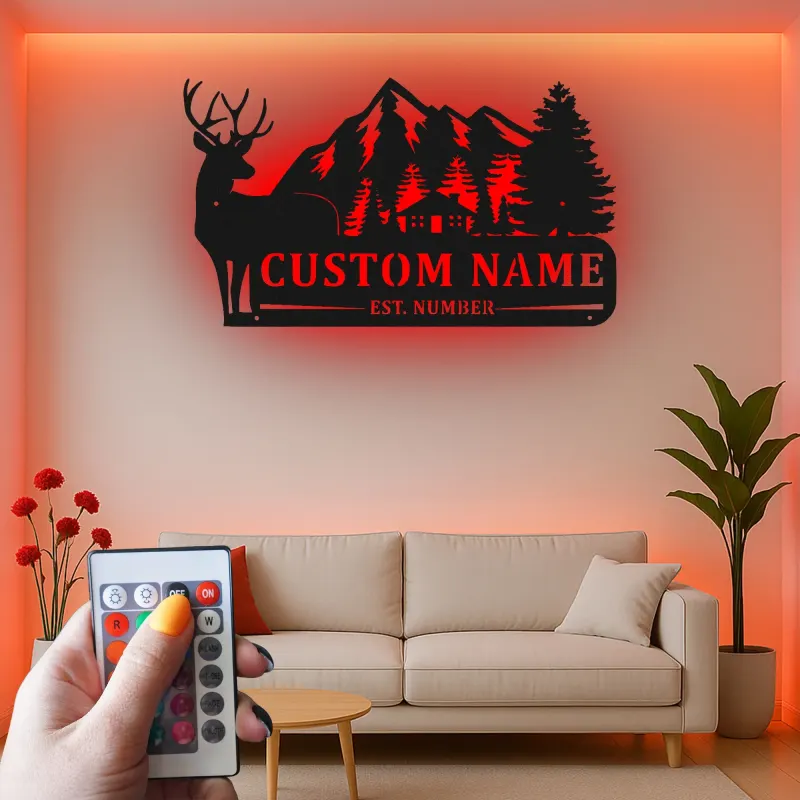 Personalisierte Hirsch-Mountain-Szene LED-Metall-Wandkunst – rustikales Geschenk für die Hütte
