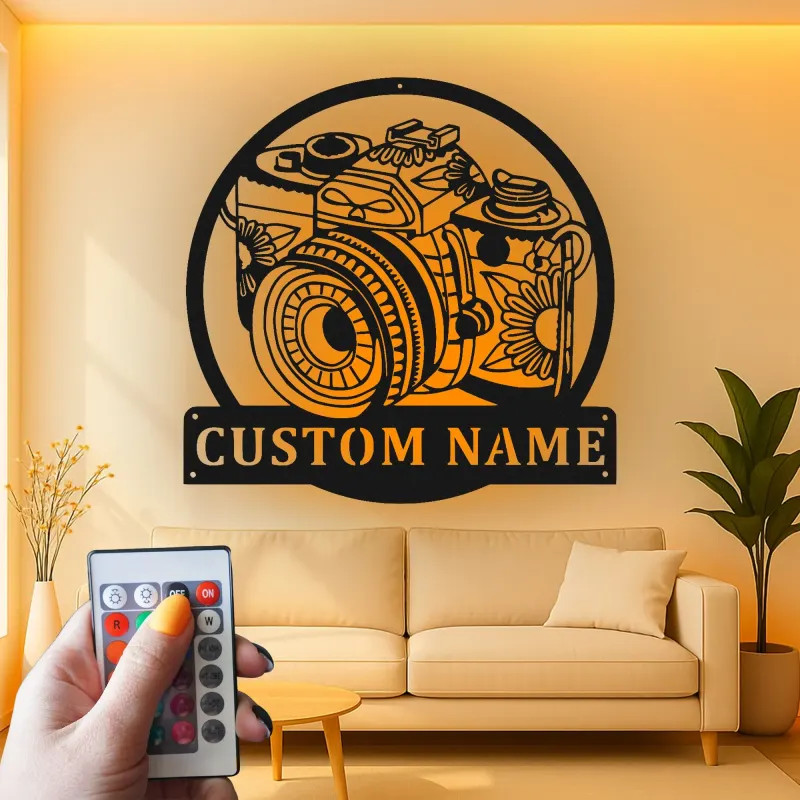 Personalisierte Vintage Kamera LED Licht Metall-Wandkunst Geschenk für Fotografen, Studio- oder Bürodekor