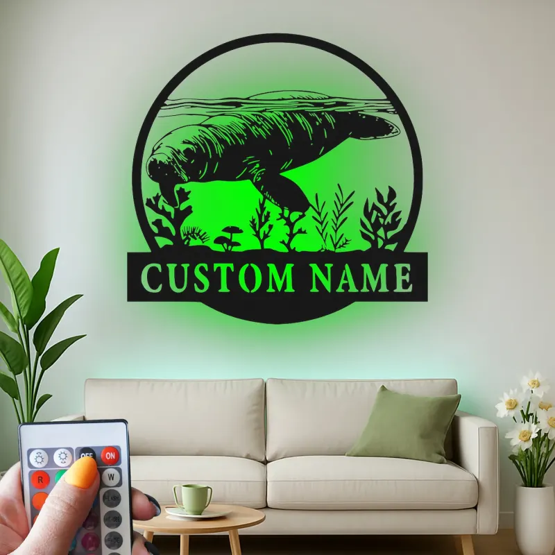 Individuelle Manatee Metall-Wandkunst | Personalisierte LED-Ozeanschild für Küstendekor | Nautisches Geschenk für das Meeresleben