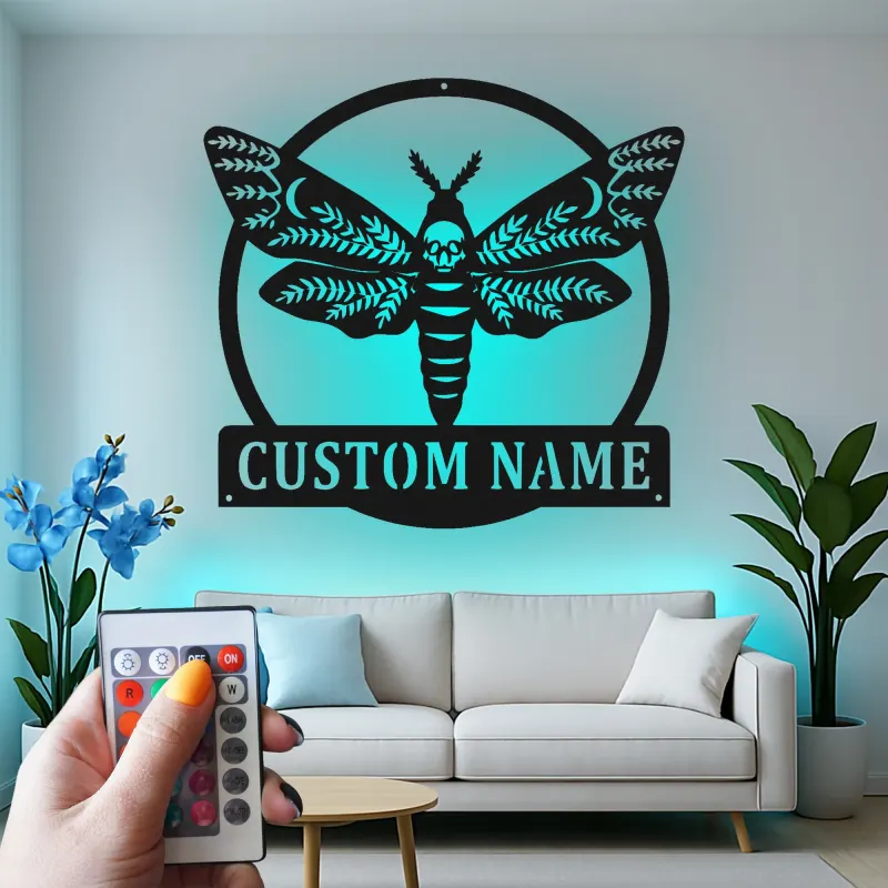 Décoration murale en métal personnalisée avec crâne de papillon et rétroéclairage LED - Cadeau gothique unique pour la chambre ou le salon