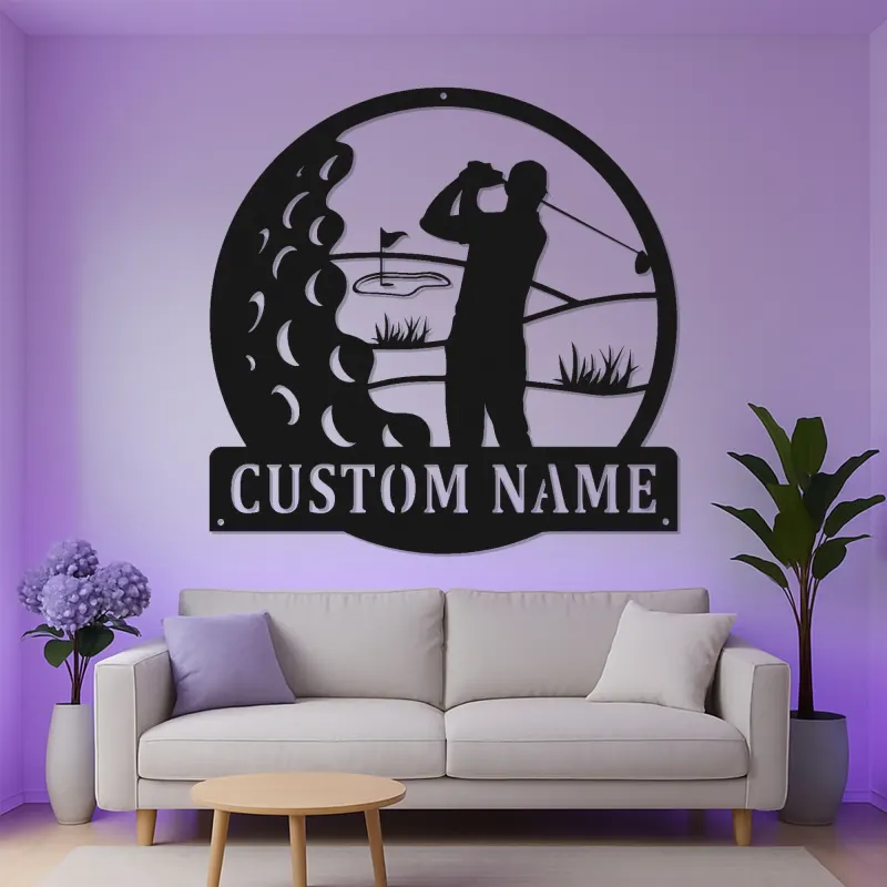 Panneau métallique personnalisé pour golfeur | Décoration LED avec prénom | Cadeau pour amateur de golf | Déco de man cave et bar à domicile