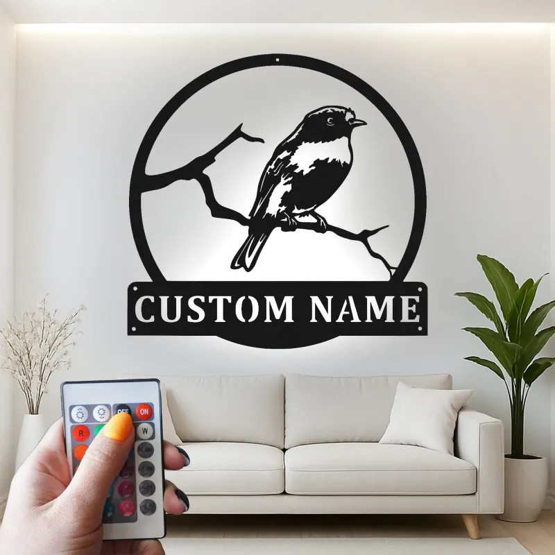 Custom Bird on Branch Led Light Metal Wall Art Personalized Nature Lover Gift Living Room or Garden Decor