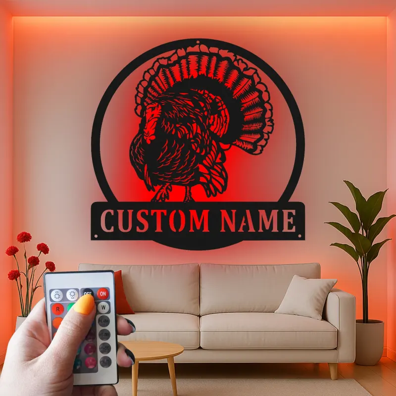 Décoration murale en métal personnalisée avec LED en forme de dinde - Cadeau de Thanksgiving pour la cuisine ou la salle à manger