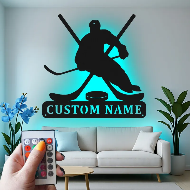 Custom Hockey Player Metal Sign | LED Light Wall Art | Personalized Game Room Decor | Hockey Fan Gift