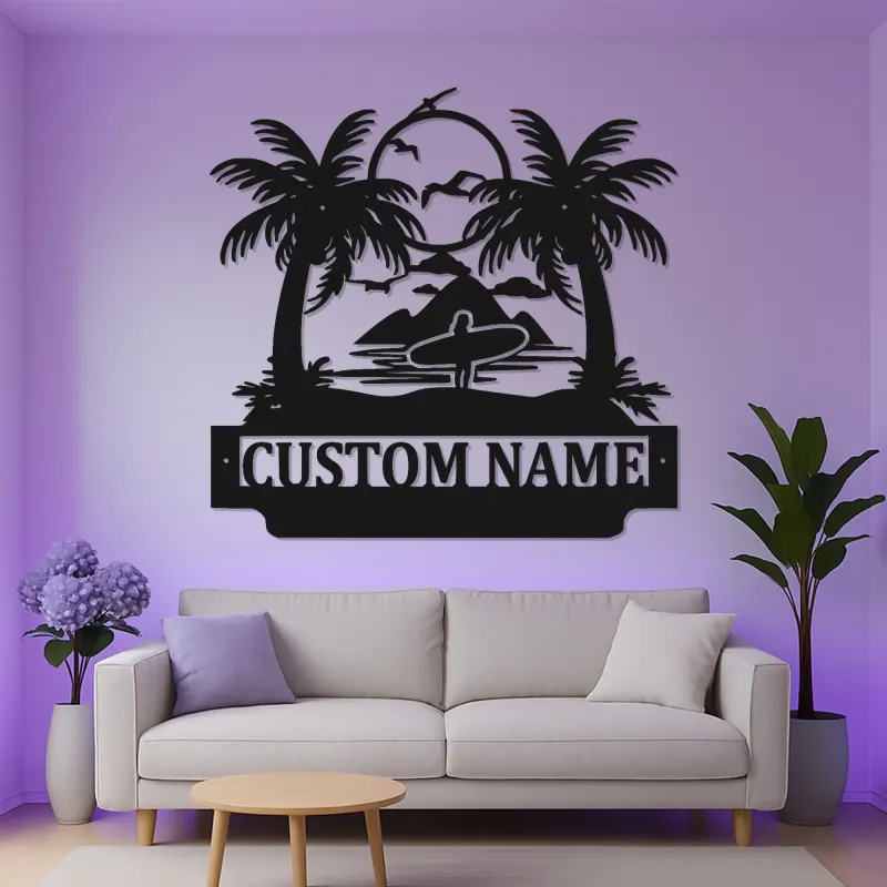 Insegna in Metallo Personalizzata per Surfer con LED | Plaque con Nome per Casa al Mare | Arte Murale con Onde Oceaniche e Palme Tropicali