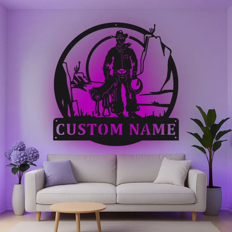 Cartel de metal personalizado con luz LED de vaquero y perro, regalo western para él, decoración rústica para el salón