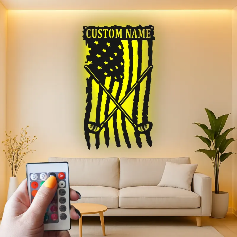 Custom Golf American Flag LED Sign | Personalized Metal Wall Art | Golfer Name Decor for Man Cave & Office | Hand-Crafted Patriotic Gift