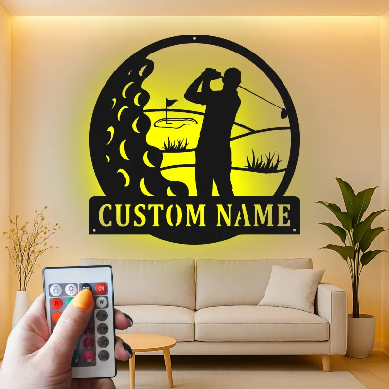 Panneau métallique personnalisé pour golfeur | Décoration LED avec prénom | Cadeau pour amateur de golf | Déco de man cave et bar à domicile