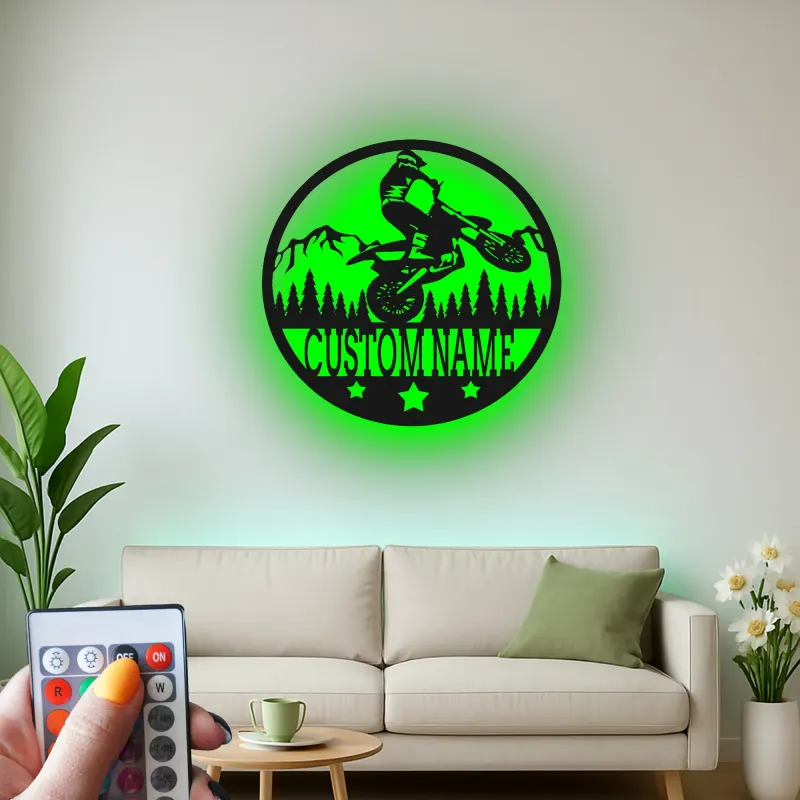 Custom Motocross Rider Led Light Metal Wall Art Personalized Gift for Dirt Bike Enthusiasts Garage or Man Cave Decor
