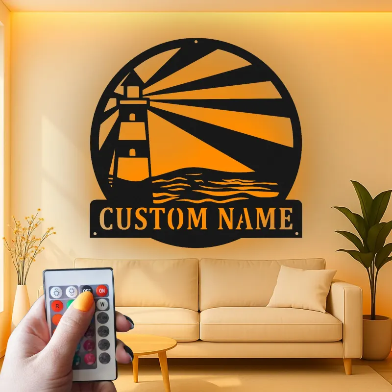 Personalized Lighthouse Metal Wall Art | Custom Name Sign with LED Light | Modern Coastal Decor for Beach House