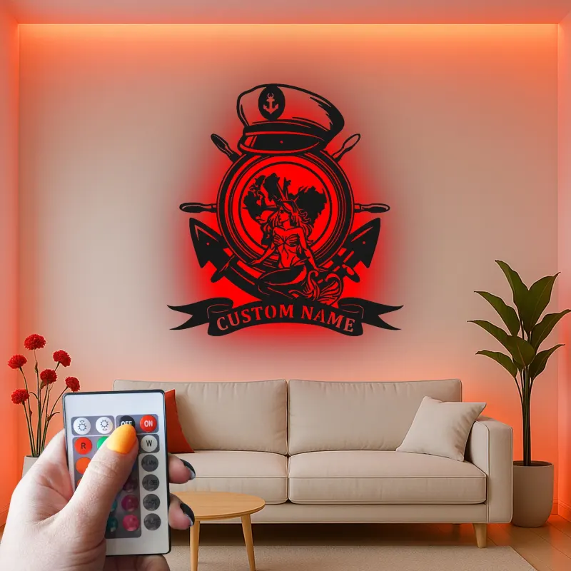 Panneau ancre sirène nautique | Décoration murale en métal LED personnalisée | Cadeau marin pour décor de maison de plage