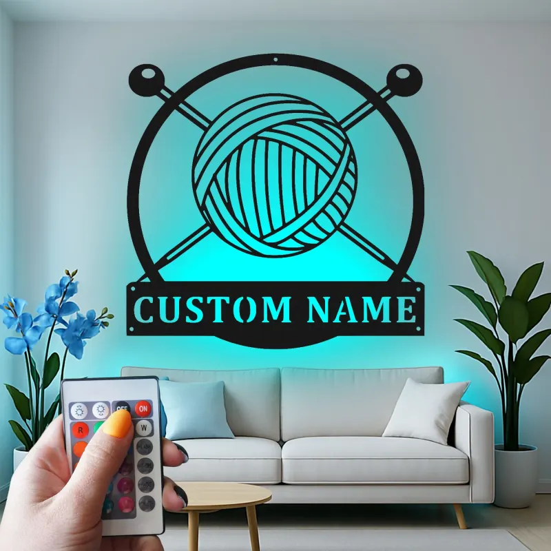 Plaque Métallique Personnalisée Pelote de Laine | Cadeau pour Tricoteur | Décor LED pour Atelier | Art Mural Tricot