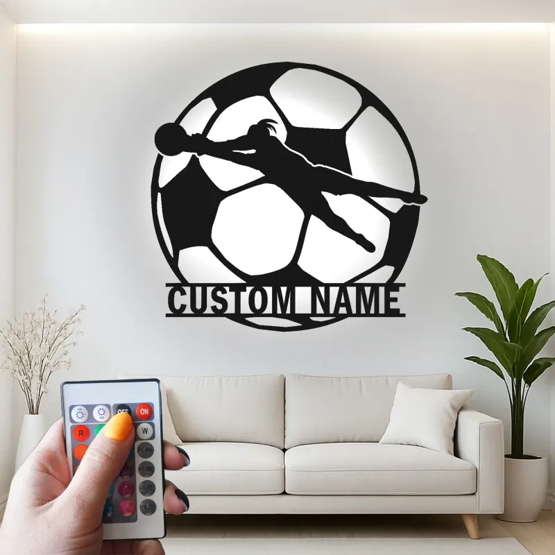 Letrero metálico personalizado de portero | Arte mural LED de fútbol | Decoración con nombre del jugador para habitación infantil | Regalo deportivo moderno