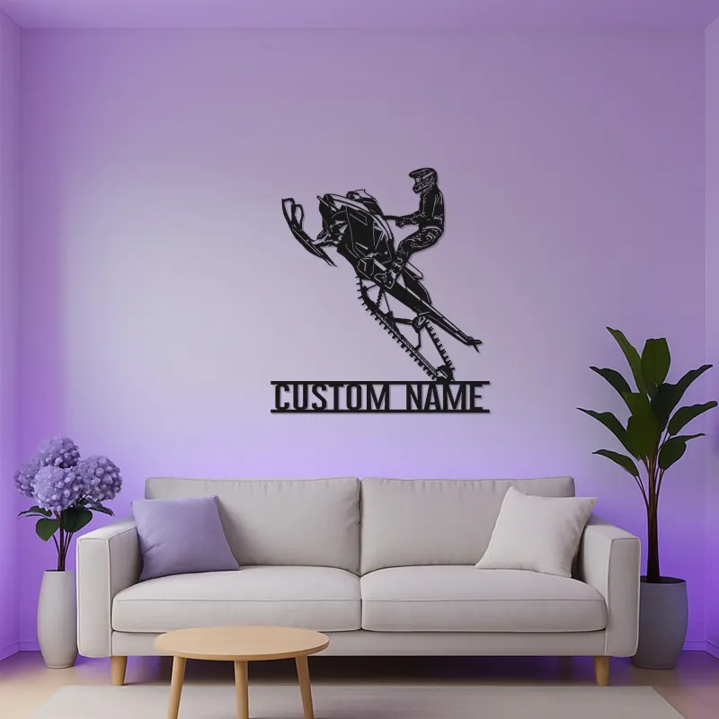 Panneau LED de Motoneige Personnalisé | Art Murale en Métal Personnalisé pour Motard | Décoration de Garage de Sports Extrêmes | Cadeau d'Aventure d'Hiver