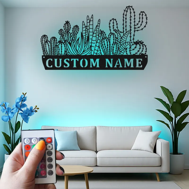 Insegna in metallo personalizzata con cactus succulento e luce LED, regalo per amanti delle piante, decorazione per soggiorno in stile deserto