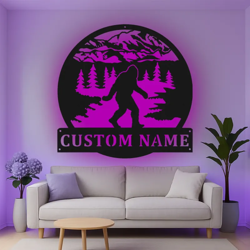 Custom Bigfoot Forest Led Light Metal Wall Art Unique Gift for Outdoor Enthusiasts Cabin or Man Cave Decor