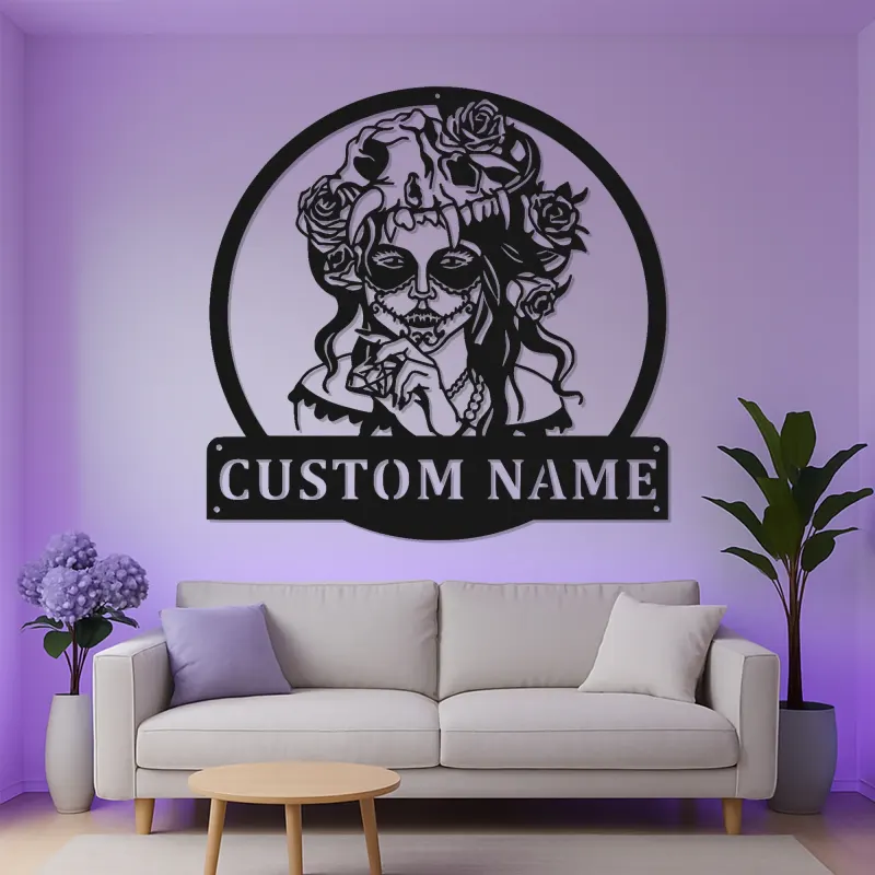 Custom Sugar Skull Metal Sign | LED Day of The Dead Wall Art | Personalized Gothic Home & Salon Decor with Nameplate