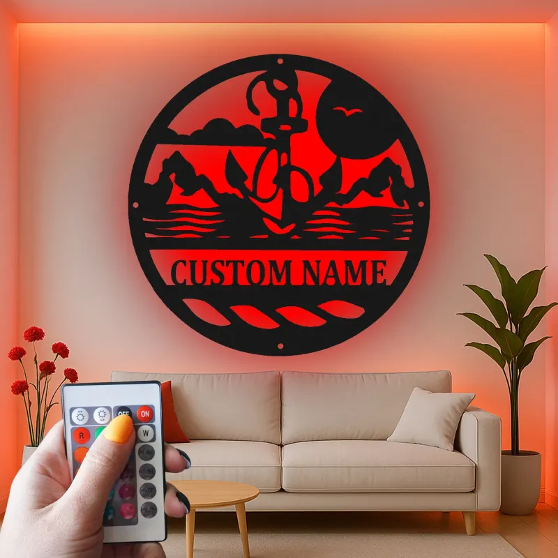 Art mural en métal LED personnalisé en forme d'ancre | Panneau de scène nautique personnalisé pour maison de plage | Cadeau déco océanique pour marins