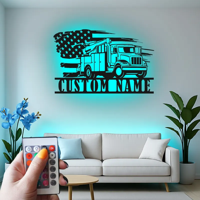 Lineman LED Metal Sign | Personalized Utility Truck Wall Art | American Flag Garage Decor | Custom Gift for Electrician