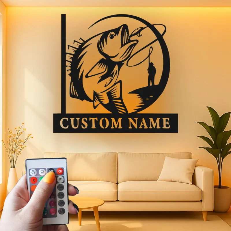 Enseigne de pêche personnalisée avec LED | Décoration murale en métal personnalisée pour pêcheurs | Cadeau décoratif pour maison de lac et chalet