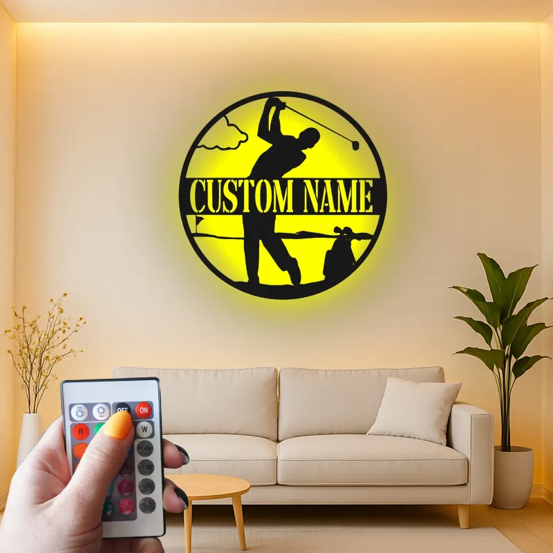 Personalized Golfer Metal Sign | LED Lighted Golf Wall Art | Custom Name Decor for Man Cave & Office Gift