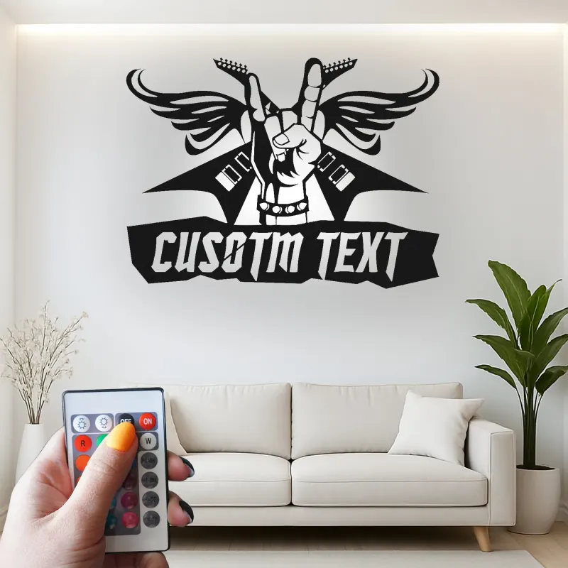 Cartel de metal Rock and Roll personalizado | Arte mural LED de alas de guitarra | Decoración de estudio de músico personalizada | Regalo de heavy metal para él