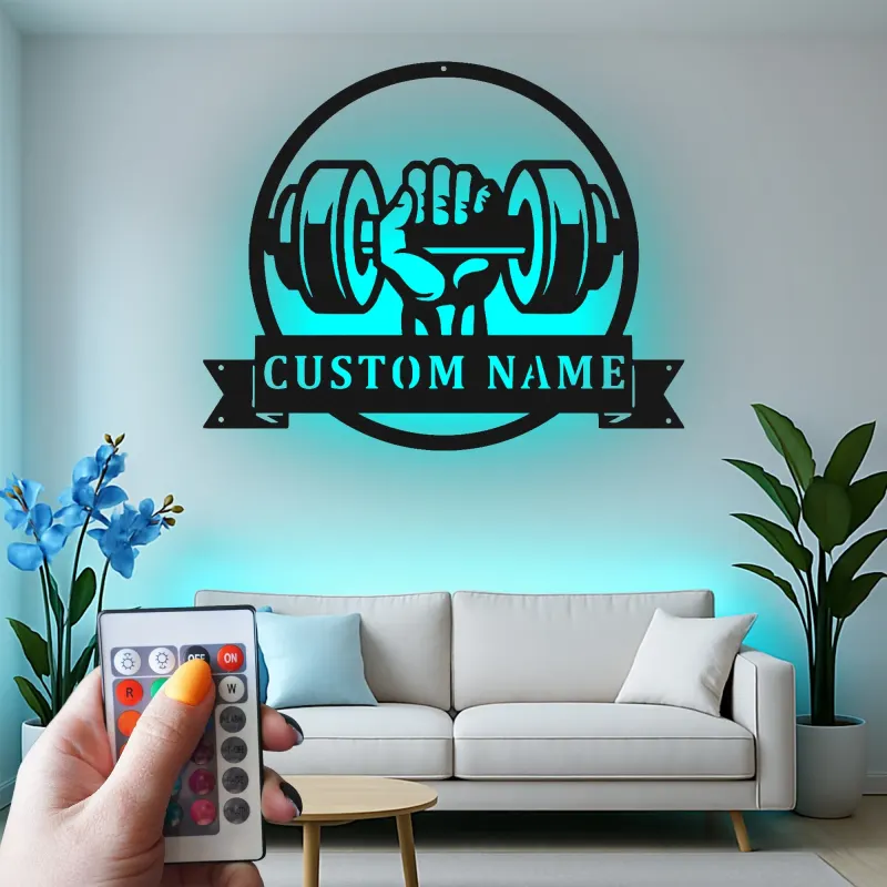 Cartel de metal LED de mancuerna para amantes del gimnasio