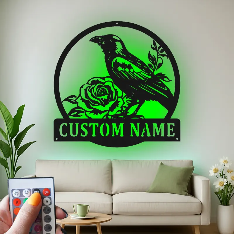 Individuelles Raben-Metallschild | Personalisierte gotische Rosen-Wandkunst | LED-beleuchtete Vintage-Vogel-Dekoration für Zuhause oder Büro