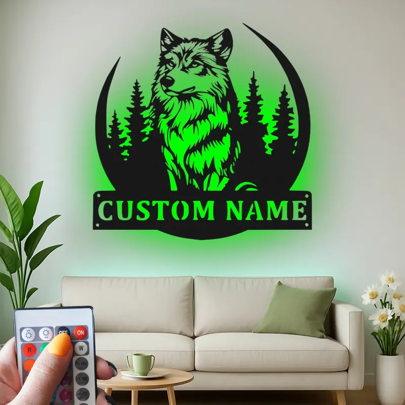 Insegna in metallo LED personalizzata con lupo - Regalo per amanti della natura, decorazione per cabin rustica