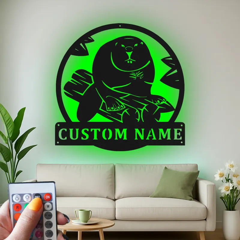 Personalisiertes LED-beleuchtetes Biber-Metallschild - Geschenk für Naturliebhaber, Hütten-Dekor