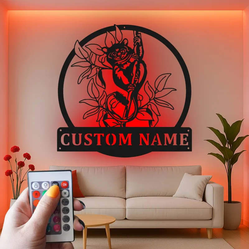 Insegna Nome Lemure Personalizzata | Arte in Metallo LED per Nursery a Tema Giungla | Decorazione Faunistica Personalizzata | Luce per Stanza Bambini Boho