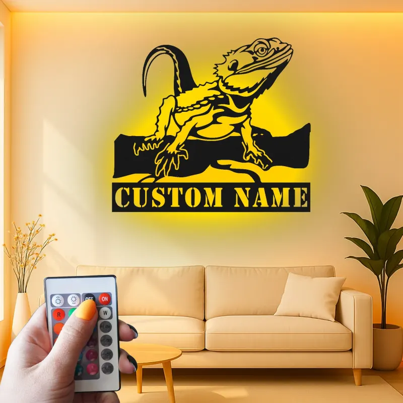 Insegna in metallo personalizzata con drago barbuto e luce LED regalo per amanti dei rettili decorazione per camera da letto o soggiorno