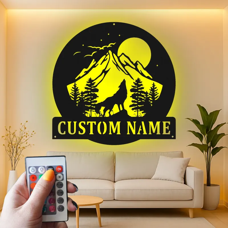 Personalisierte Wolf-Bergszene LED-Licht Metall-Wandkunst Geschenk für Naturliebhaber Rustikale Cabin-Dekoration 3