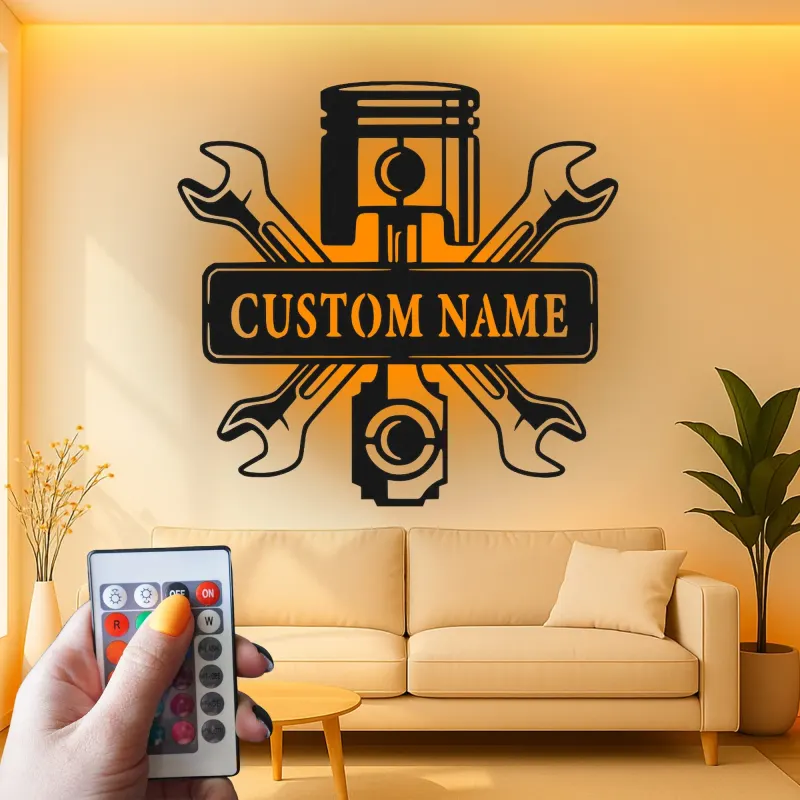 Personalized Mechanic Garage Sign | LED Metal Wall Art with Piston & Wrenches | Custom Automotive Decor for Car Enthusiasts