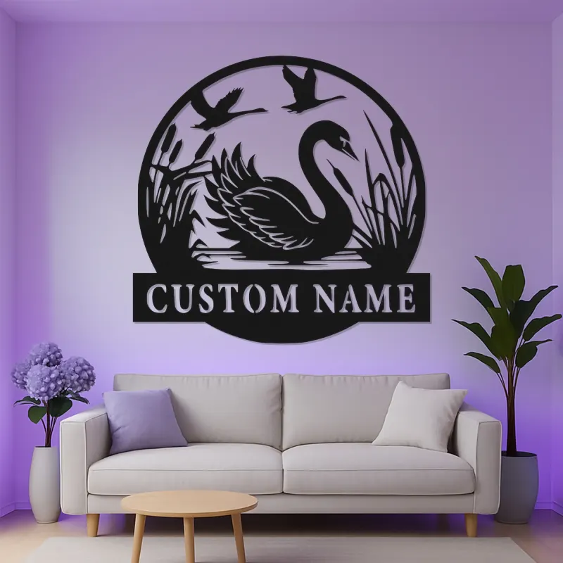 Swan Metal Wall Art with LED | Custom Name Sign for Home | Personalized Wildlife Pond Decor | Elegant Housewarming Gift