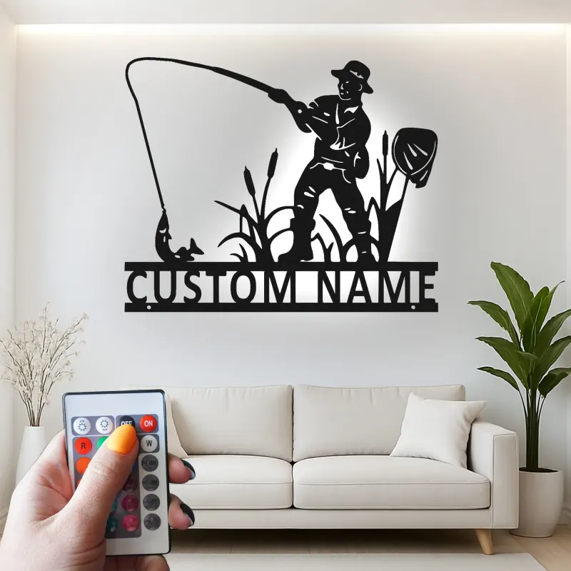 Cartel de pesca personalizado con LED | Arte mural de metal con nombre personalizado | Decoración rústica de casa de campo y regalo para pescador