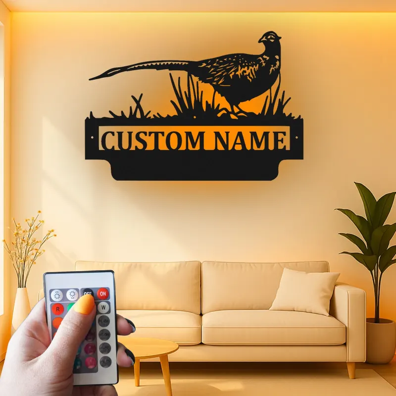 Pheasant Metal Wall Art with LED | Custom Name Sign for Hunters | Cabin & Lodge Decor | Ring-Necked Bird Silhouette