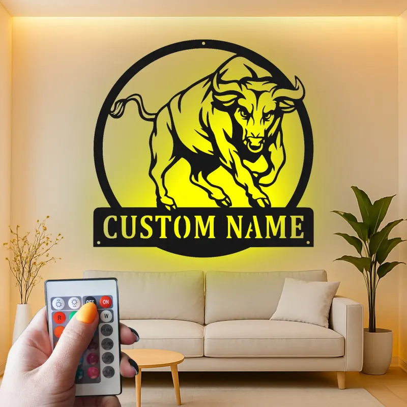 Insegna in metallo LED personalizzata con toro - Regalo per lui, decorazione per man cave o ufficio