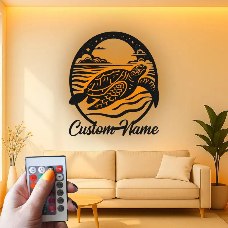Art Murale en Métal Tortue de Mer LED | Panneau de Nom Personnalisé | Décor Nautique de Plage | Silhouette de Faune Marine sur Mesure