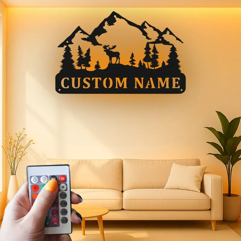 Cartel de metal con alce personalizado con LED | Decoración mural de montaña personalizada | Decoración rústica para cabaña y regalo para amantes del aire libre