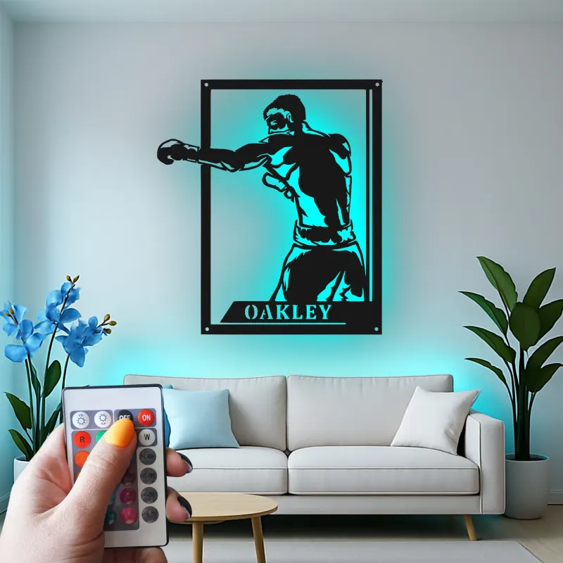 Insegna in metallo personalizzata con Boxer e luce LED regalo per appassionati di boxe decorazione per palestra o man cave 1