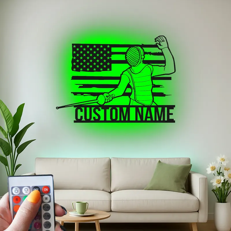 Personalized Fencing LED Sign | Custom Fencer Name Wall Art | USA Flag Metal Decor for Athlete Gift
