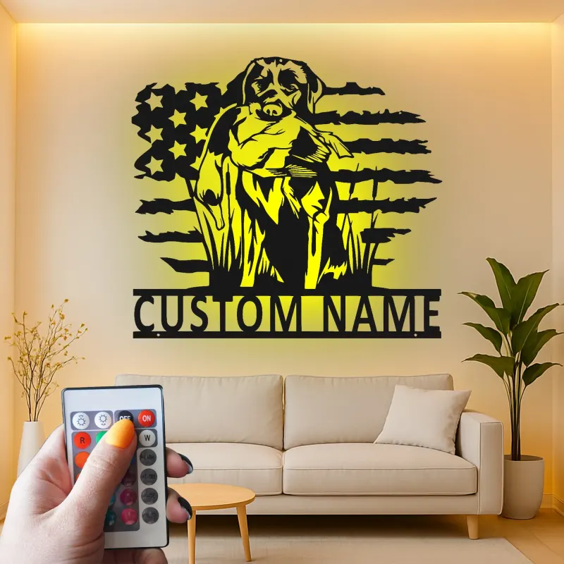 Décoration murale en métal Labrador Retriever | Cadeau personnalisé pour chasseur avec lumières LED | Décor patriotique pour chien