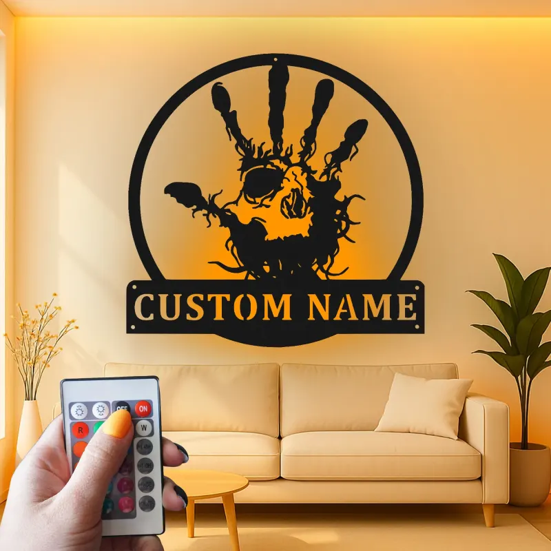 Zombie Handprint LED Metal Sign | Personalized Horror Decor | Custom Name Wall Art for Halloween & Haunted House Events