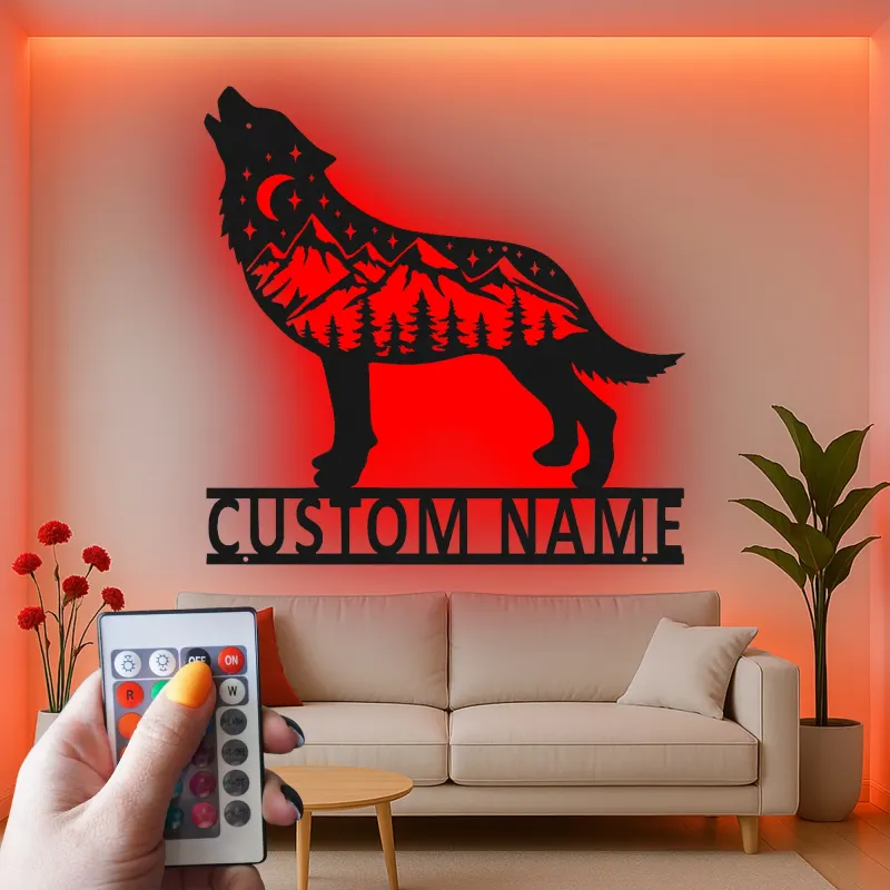 Custom Wolf Mountain Scene Led Light Metal Wall Art Personalized Gift for Nature Lovers Rustic Cabin Decor 2