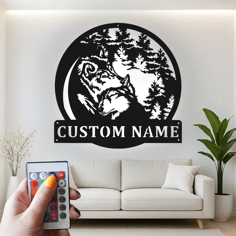 Décoration murale en métal personnalisée avec lumière LED de meute de loups