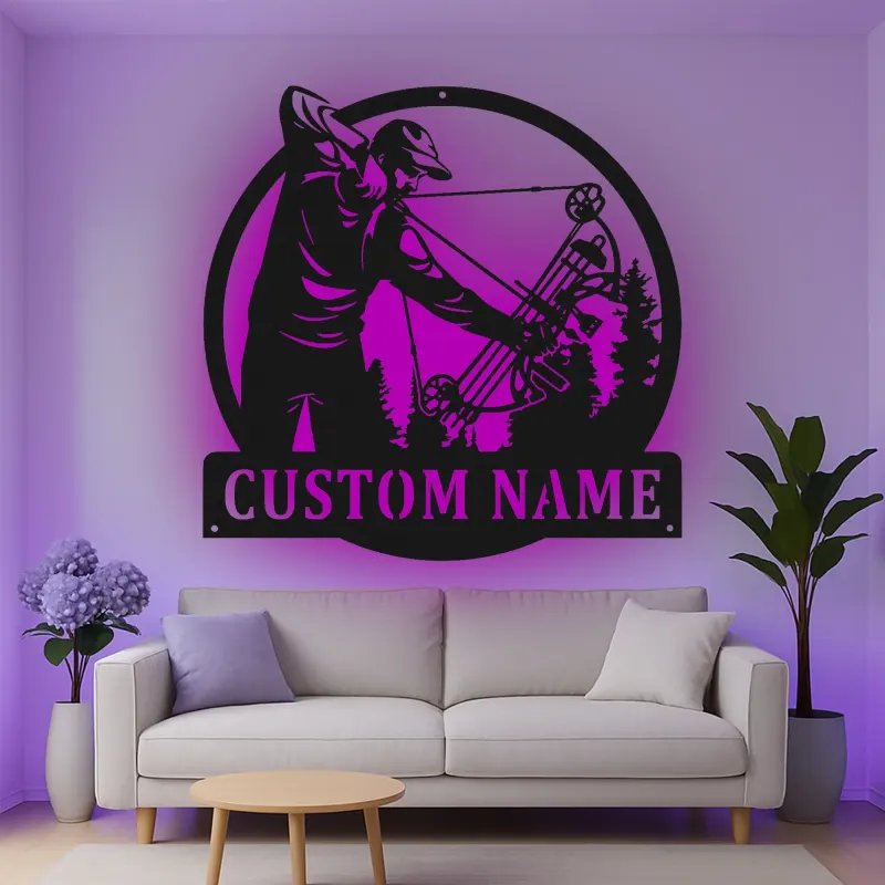 Insegna in metallo LED personalizzata per cacciatori di archi - Regalo per appassionati di tiro con l'arco - Decorazione per man cave o cabin