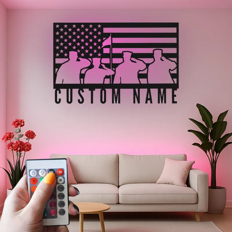 Patriotic American Flag Metal Sign | Custom Veteran Name Wall Art | LED Backlit Military Silhouette Decor