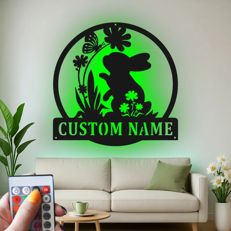 Insegna in metallo LED personalizzata con coniglio e farfalla, regalo per nursery, decorazione per stanza dei bambini